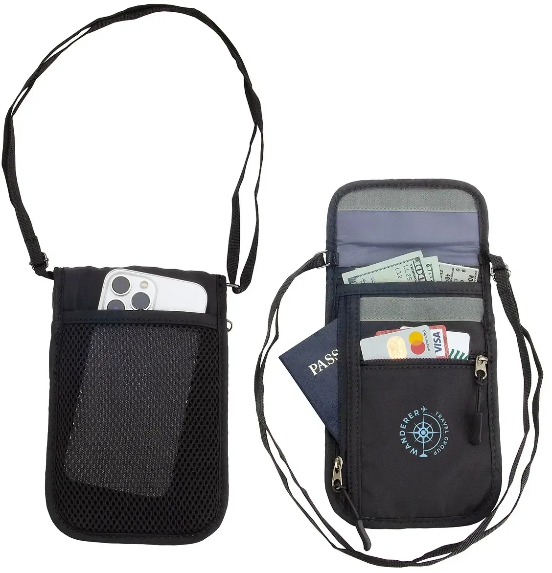 Side profile of the promotional AeroLoft neck wallet for passports and cash
