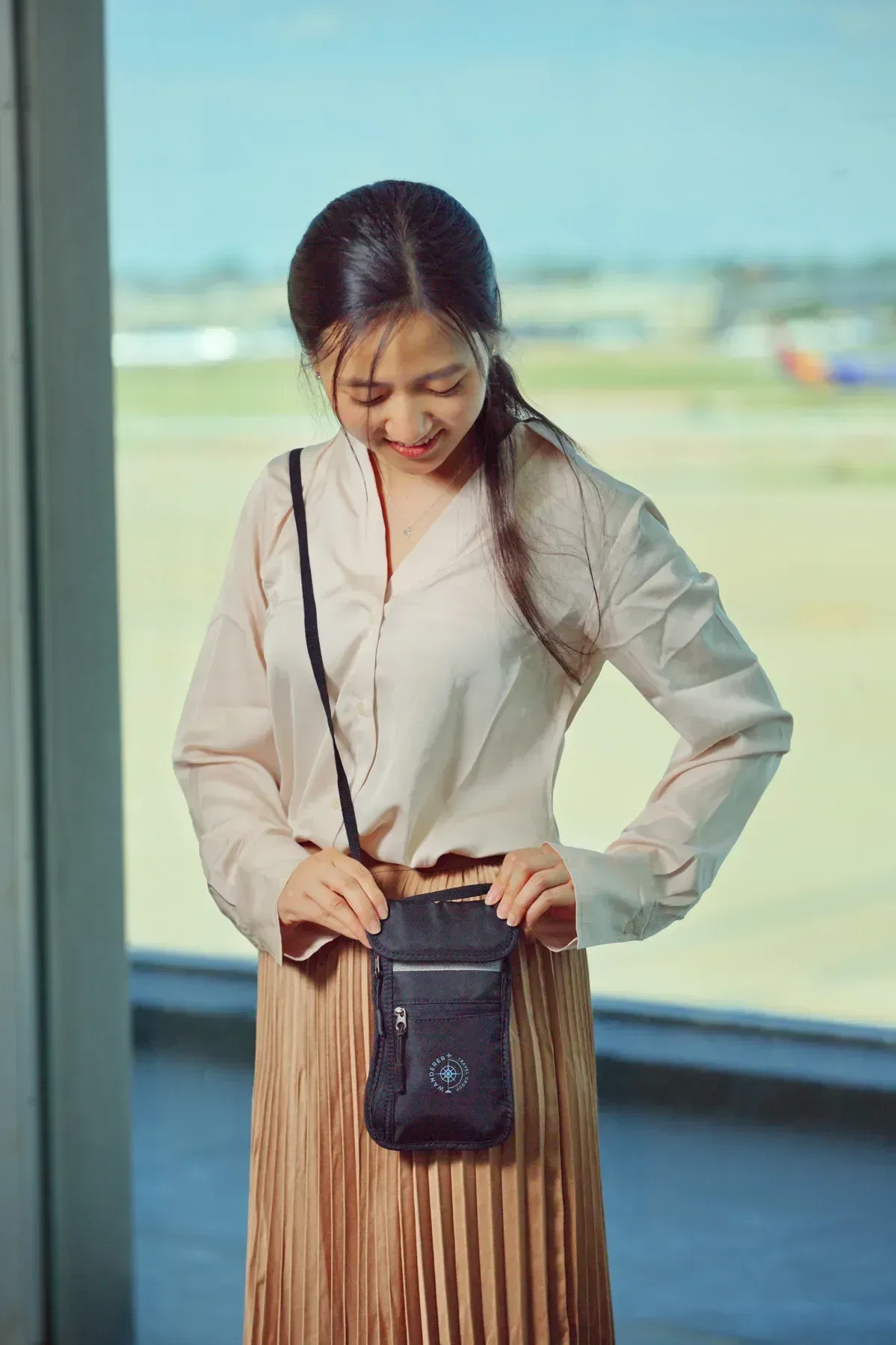 Angled view of the branded AeroLoft 5-pocket promotional neck wallet