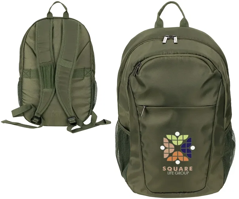 Branded AeroLoft backpack back panel and airflow padding, custom promotional business bag