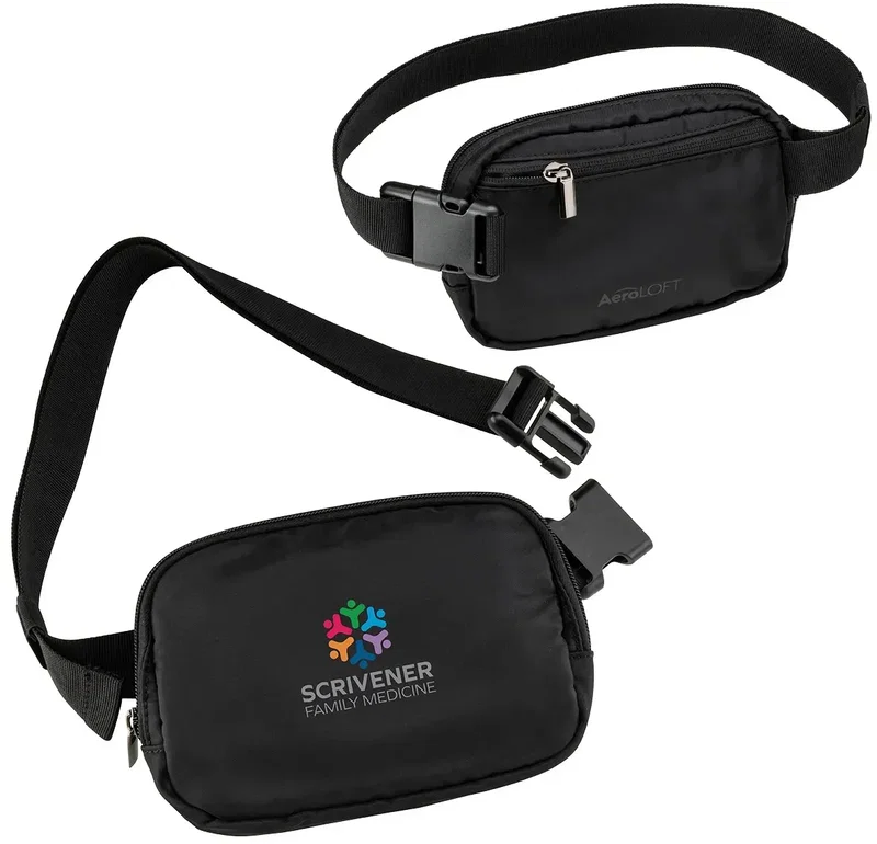 custom AeroLoft belt bag zipper pull close-up, water-resistant branded belt bag