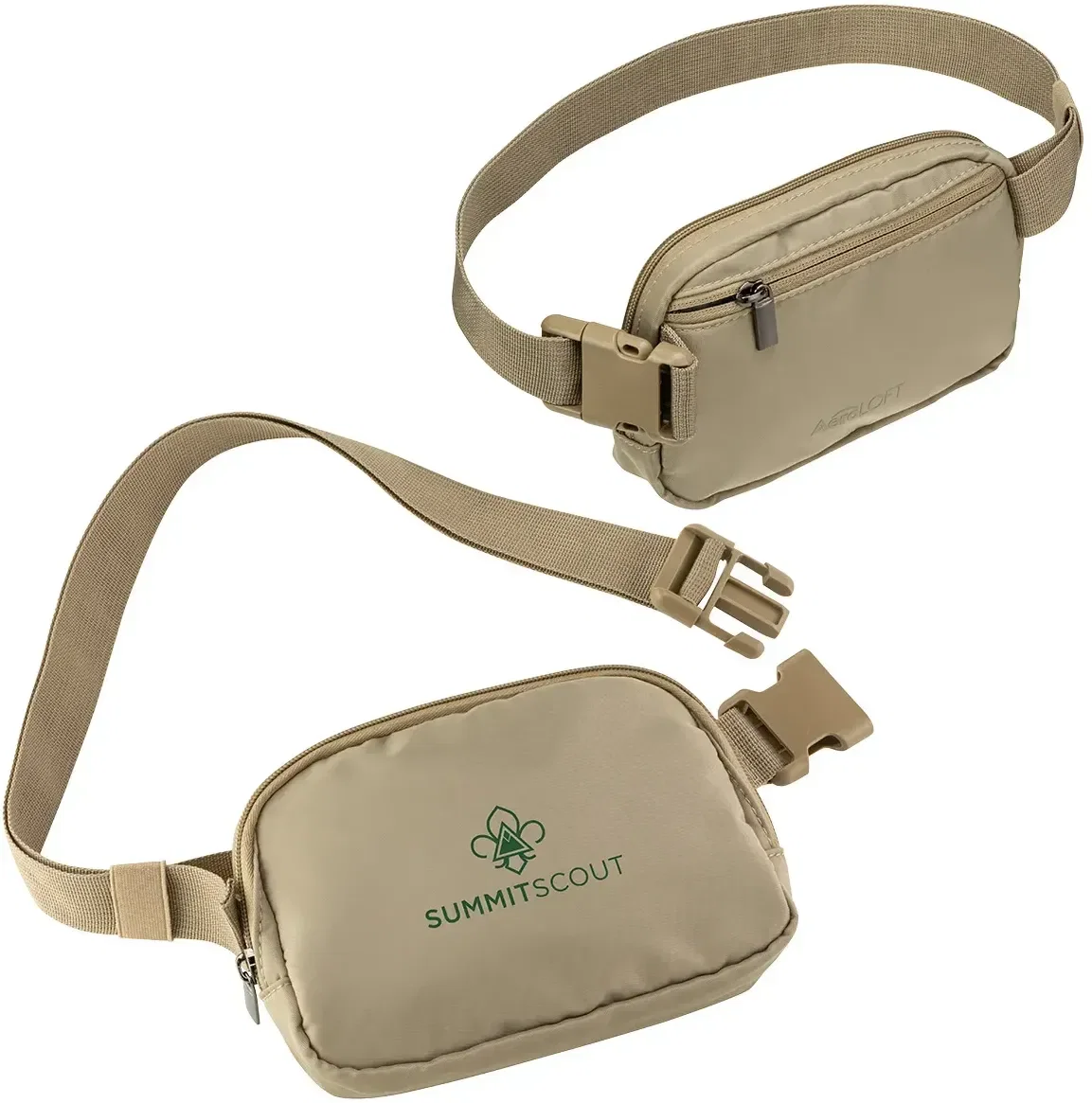 custom AeroLoft belt bag angled view, branded water-resistant fanny pack, large size