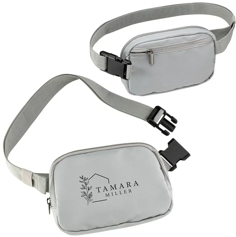 AeroLoft branded belt bag flat lay top view, water-resistant custom belt bag