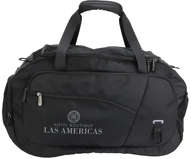 AeroLoft jet black weekender duffel, custom branded promotional travel bag, front view