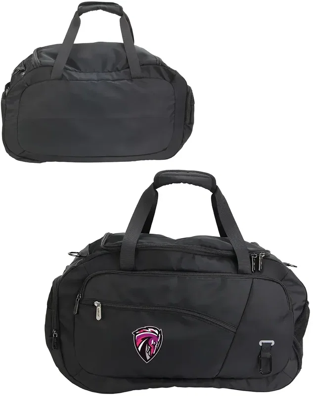 Branded AeroLoft weekender duffel, lifestyle shot packed with gym gear