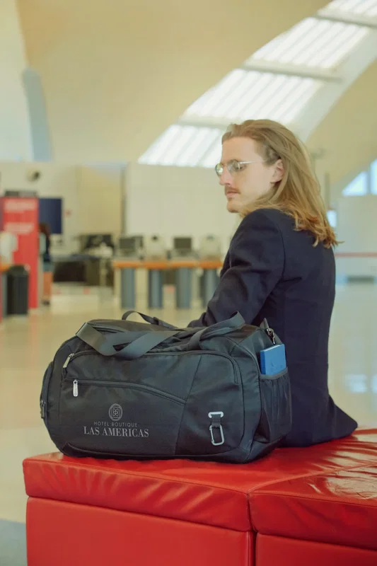 Custom AeroLoft jet black weekender duffel, promotional bag full product view