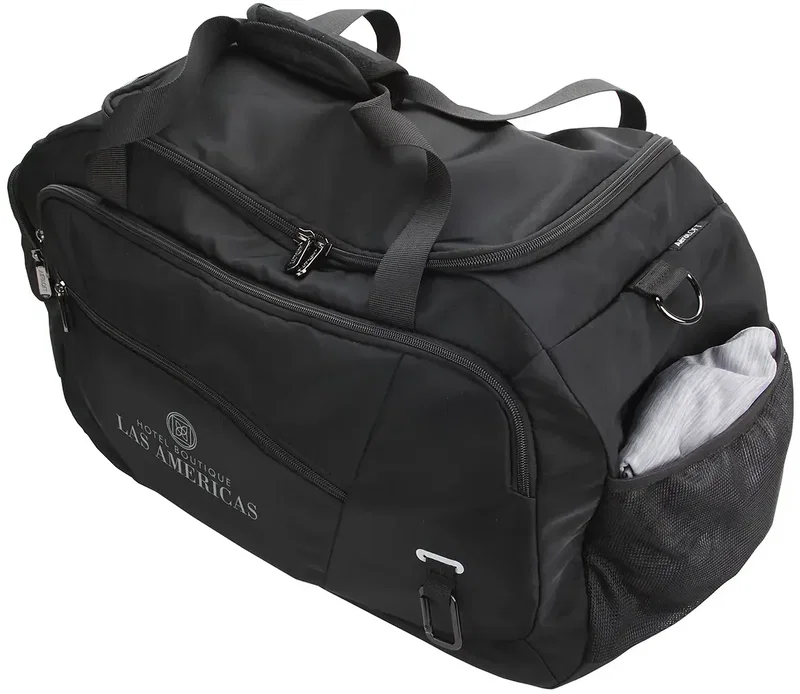 AeroLoft jet black duffel, custom logo imprint area close-up