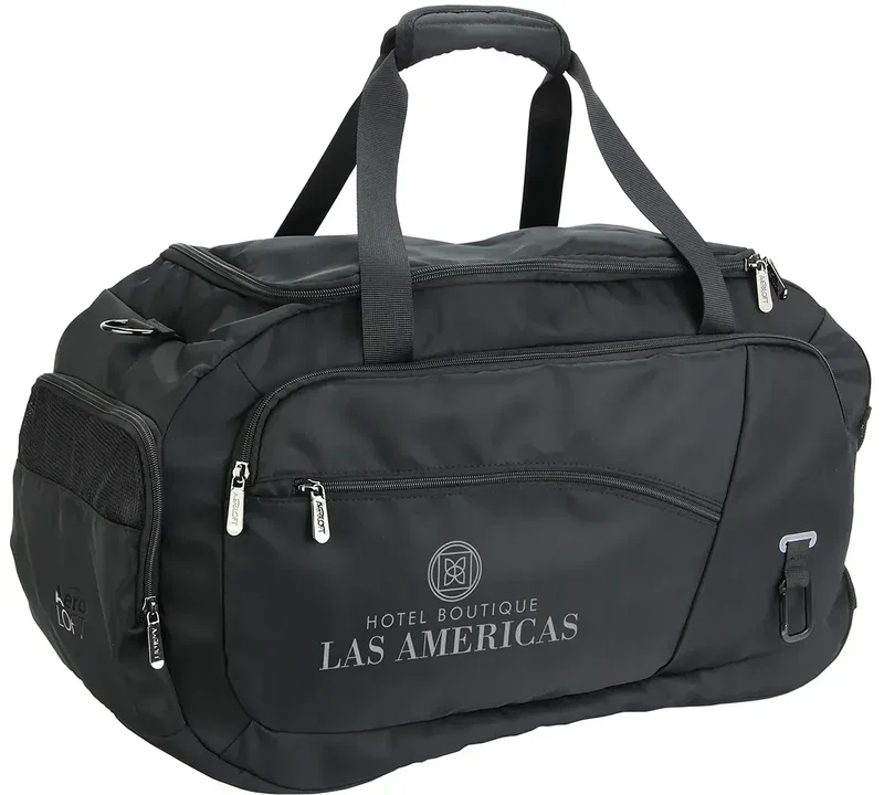 Branded AeroLoft duffel, adjustable shoulder strap close-up