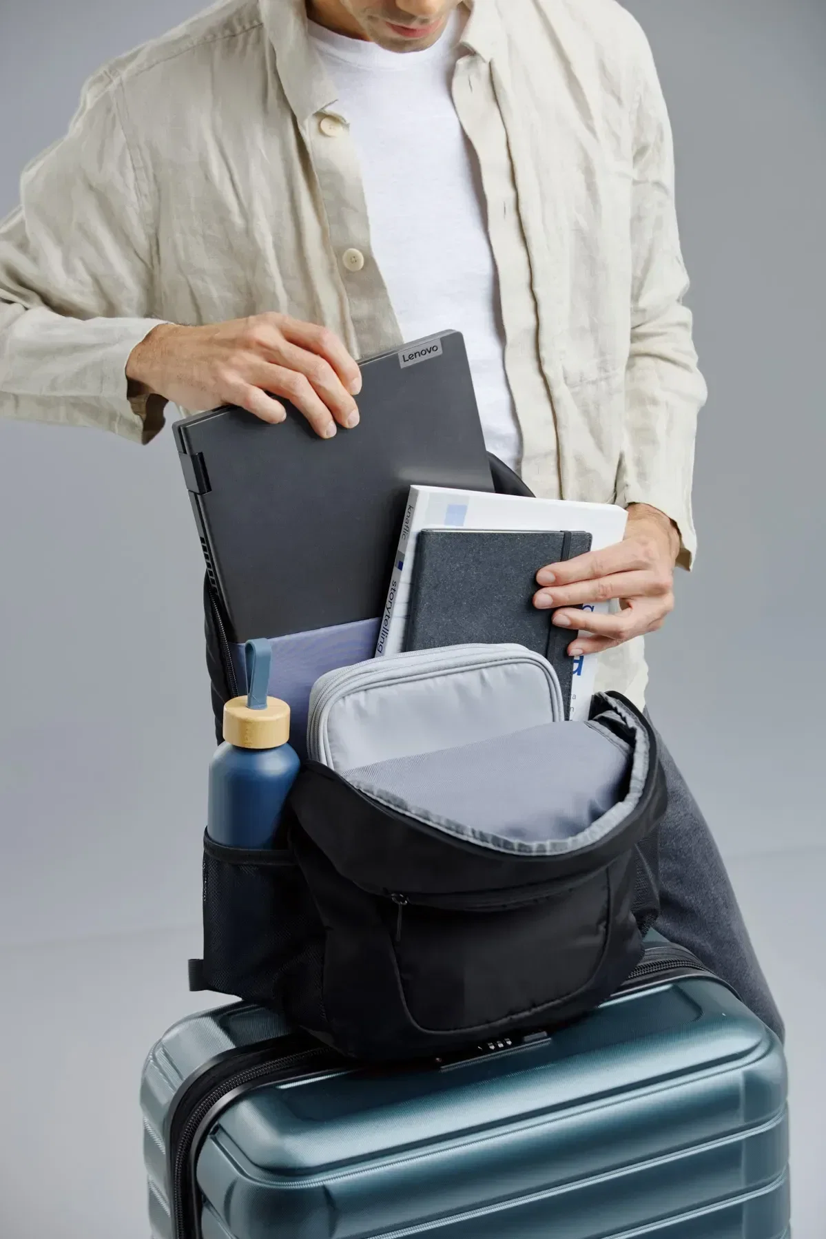 Branded AeroLoft laptop backpack, side profile of the custom promotional commuter bag