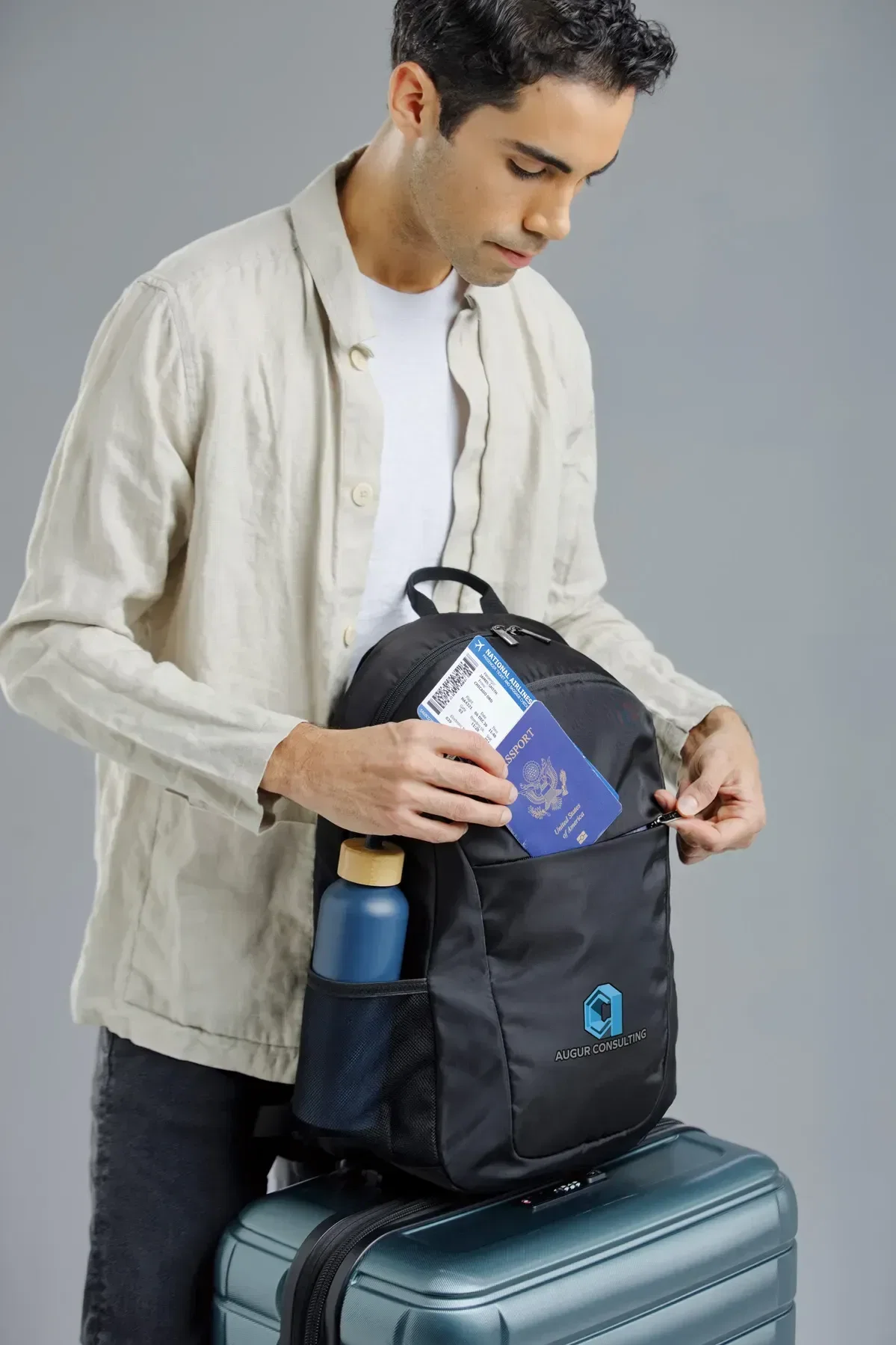 AeroLoft laptop backpack front pocket detail, custom branded promotional business bag