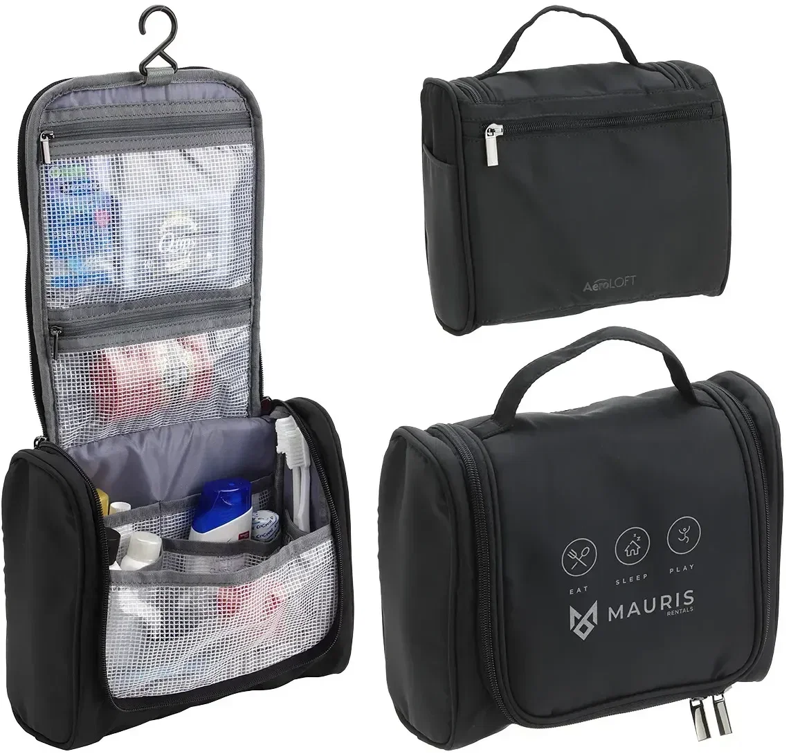 Custom AeroLoft Jet Black hanging toiletry kit, front view of the branded travel bag