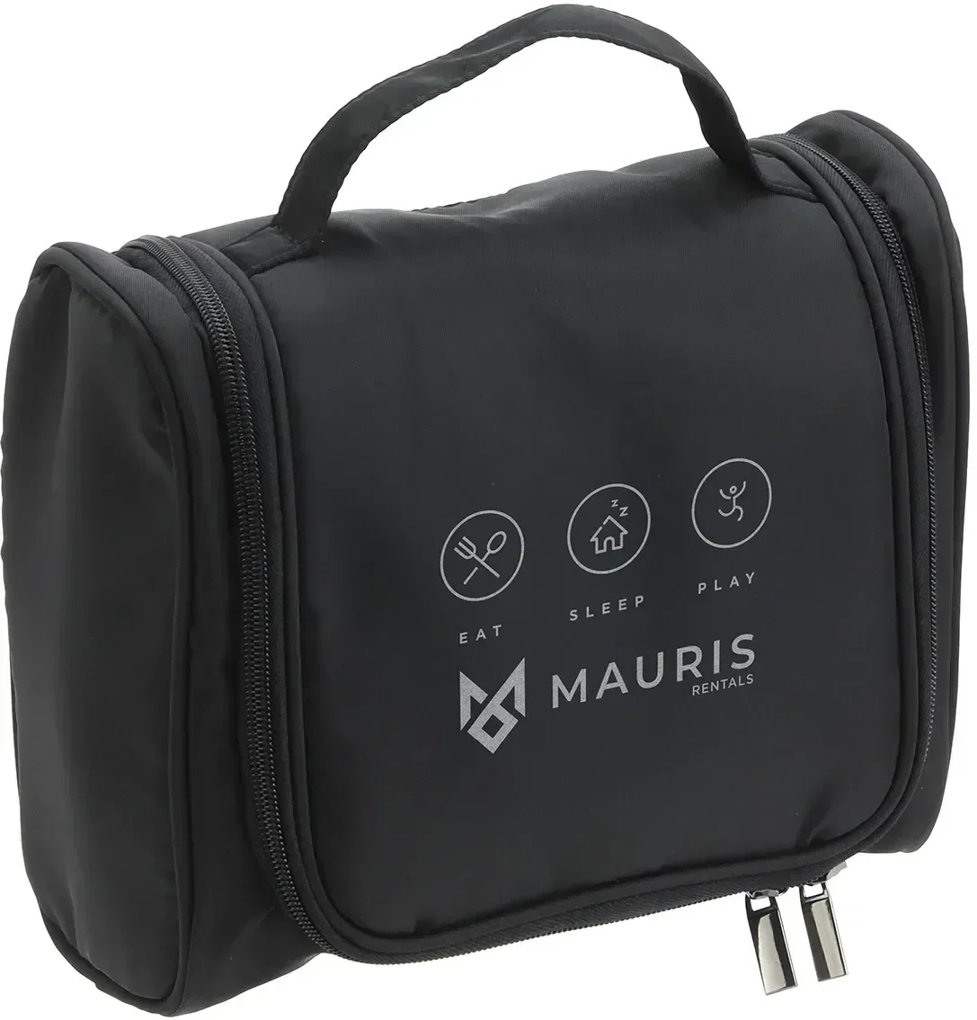 Custom AeroLoft jet black toiletry kit close-up of the logo imprint area