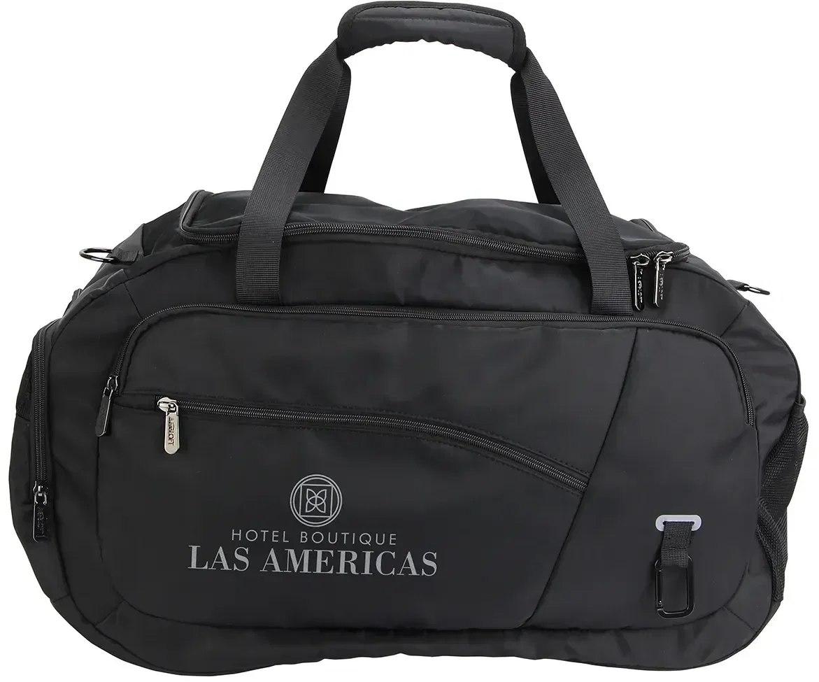 AeroLoft jet black weekender duffel, custom branded promotional travel bag, front view
