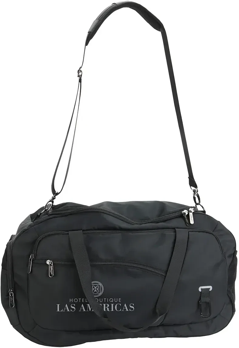 Custom logo AeroLoft duffel bag, side profile of roomy main compartment