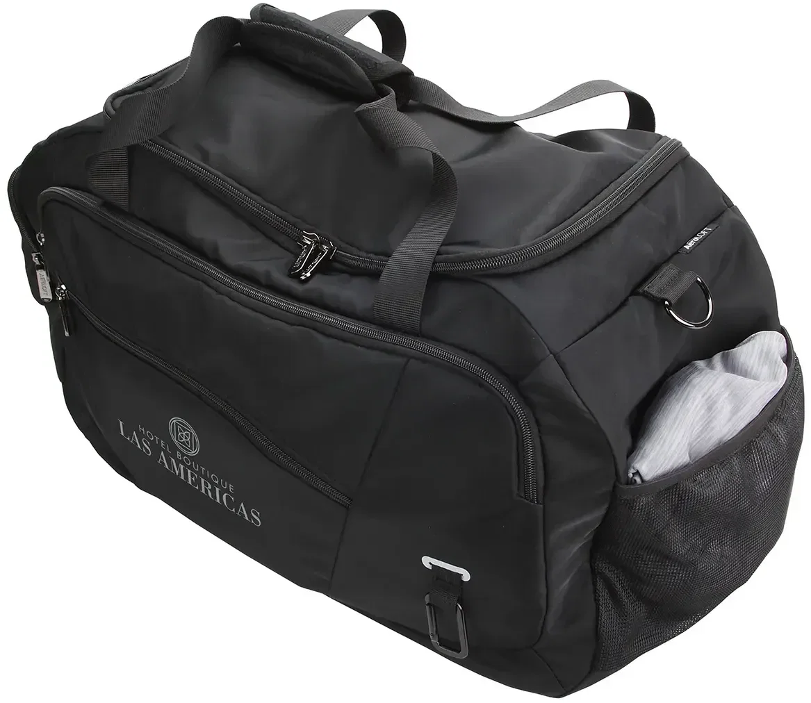 AeroLoft jet black duffel, custom logo imprint area close-up