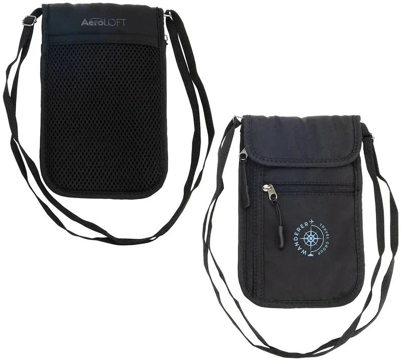 AeroLoft 5-pocket safety neck wallet with custom logo, front view of branded travel organizer