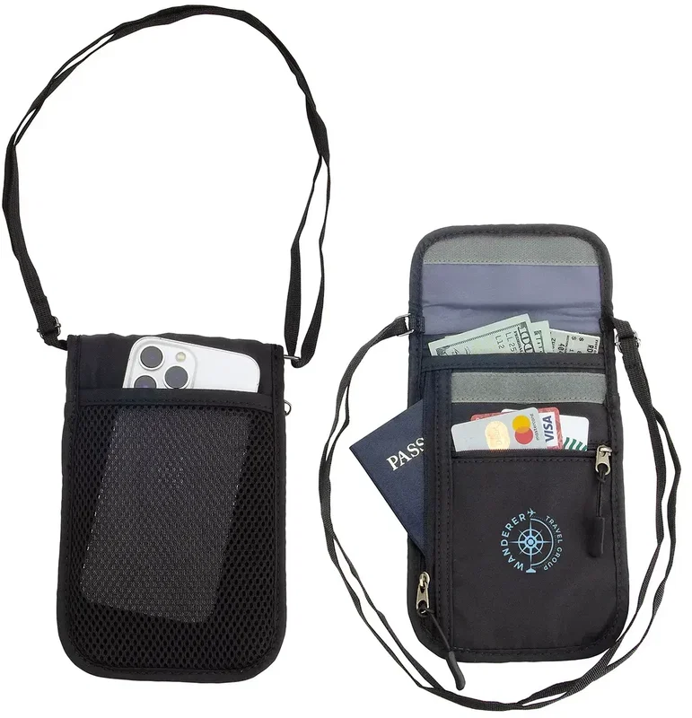 Side profile of the promotional AeroLoft neck wallet for passports and cash