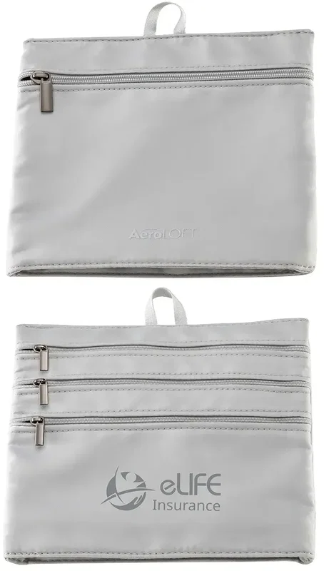 AeroLoft promotional travel organizer open, showing four zippered pockets for essentials
