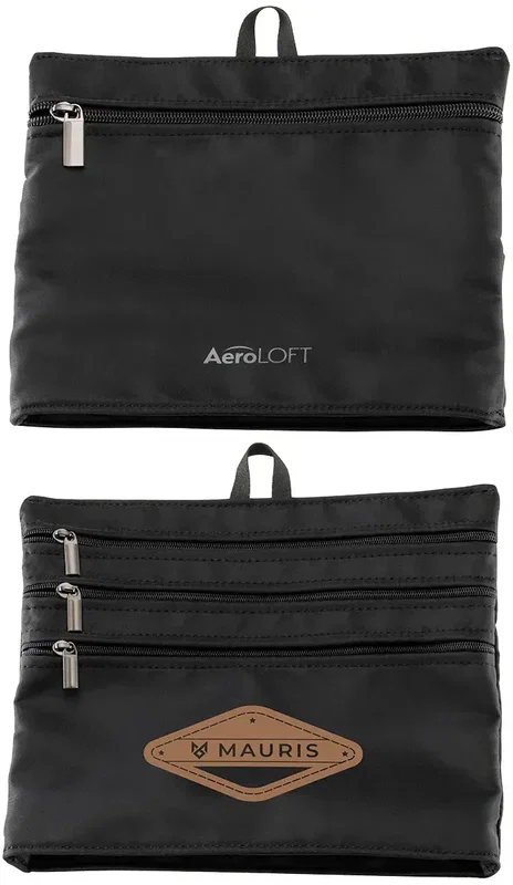 AeroLoft promotional zip organizer close-up of pocket zippers and pulls