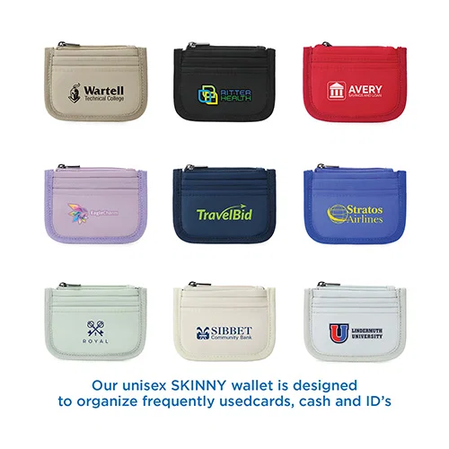 Branded slim zippered wallet open showing card slots