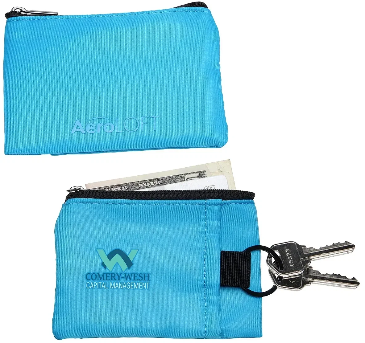 AeroLoft promotional key wallet open, showing card slots and zip coin pouch