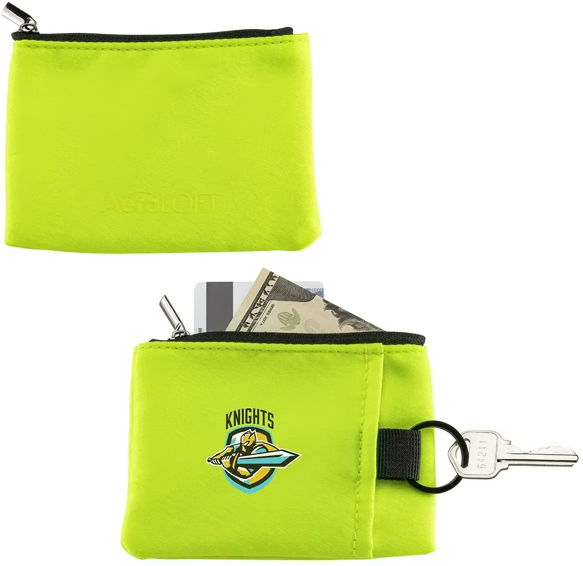 AeroLoft branded zippered key wallet side profile showing slim pouch design