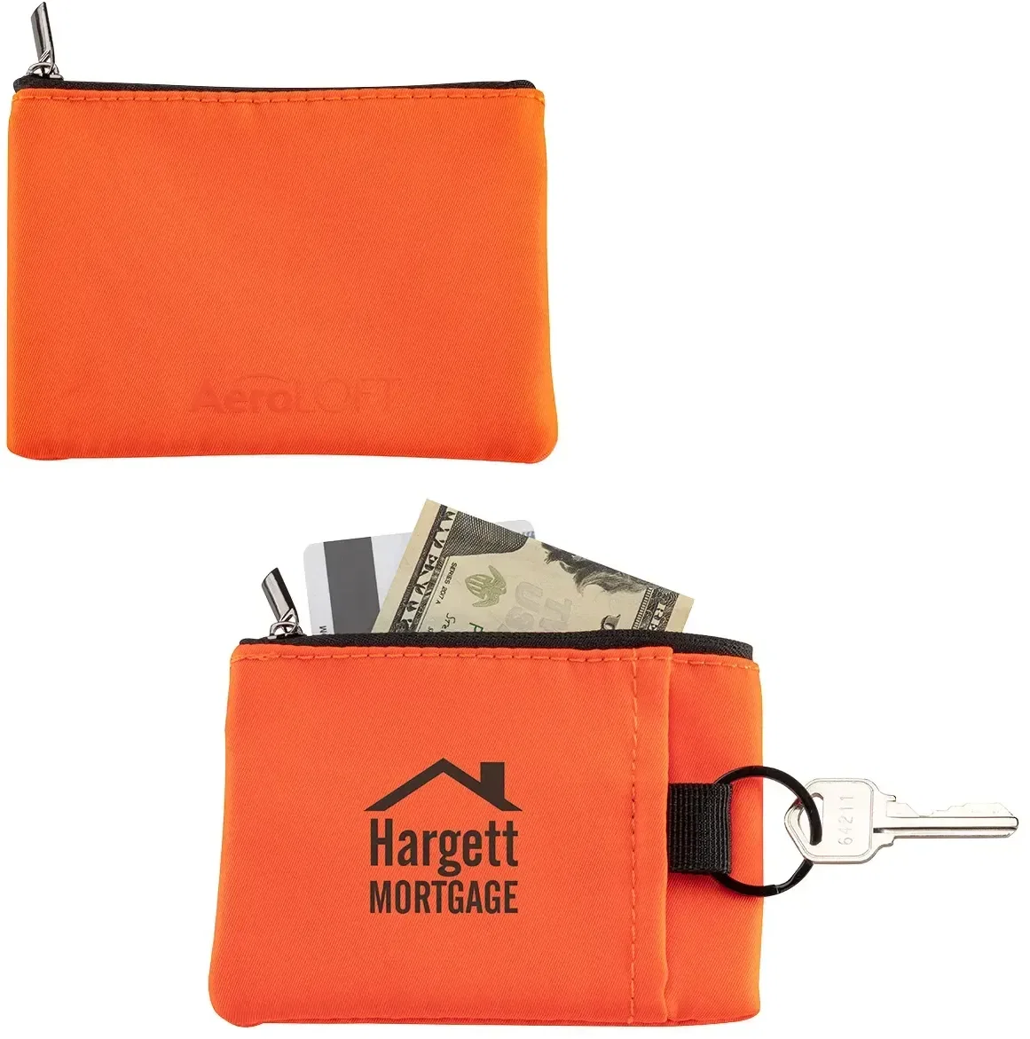 AeroLoft promotional key wallet close-up of zipper pull and branded logo