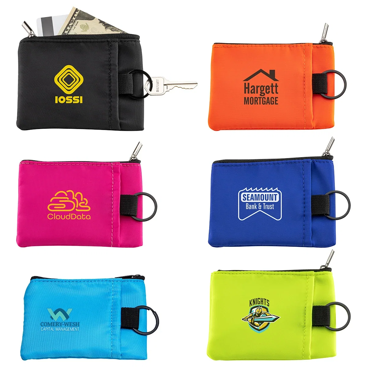 AeroLoft branded key wallet held in hand, custom slim zippered pouch with logo