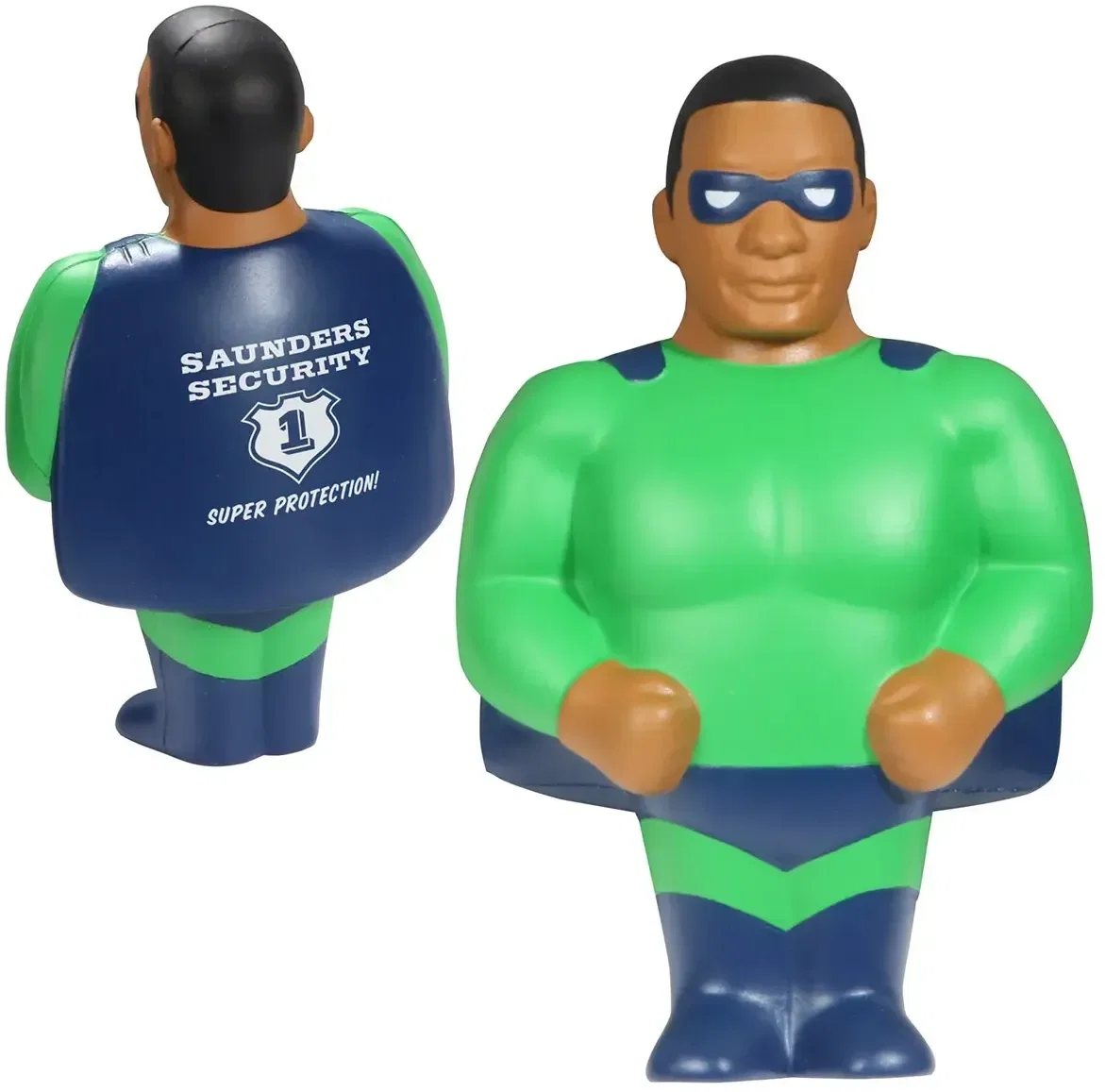 African American Super Hero Stress Reliever, custom caped foam squeeze toy for branded logo swag