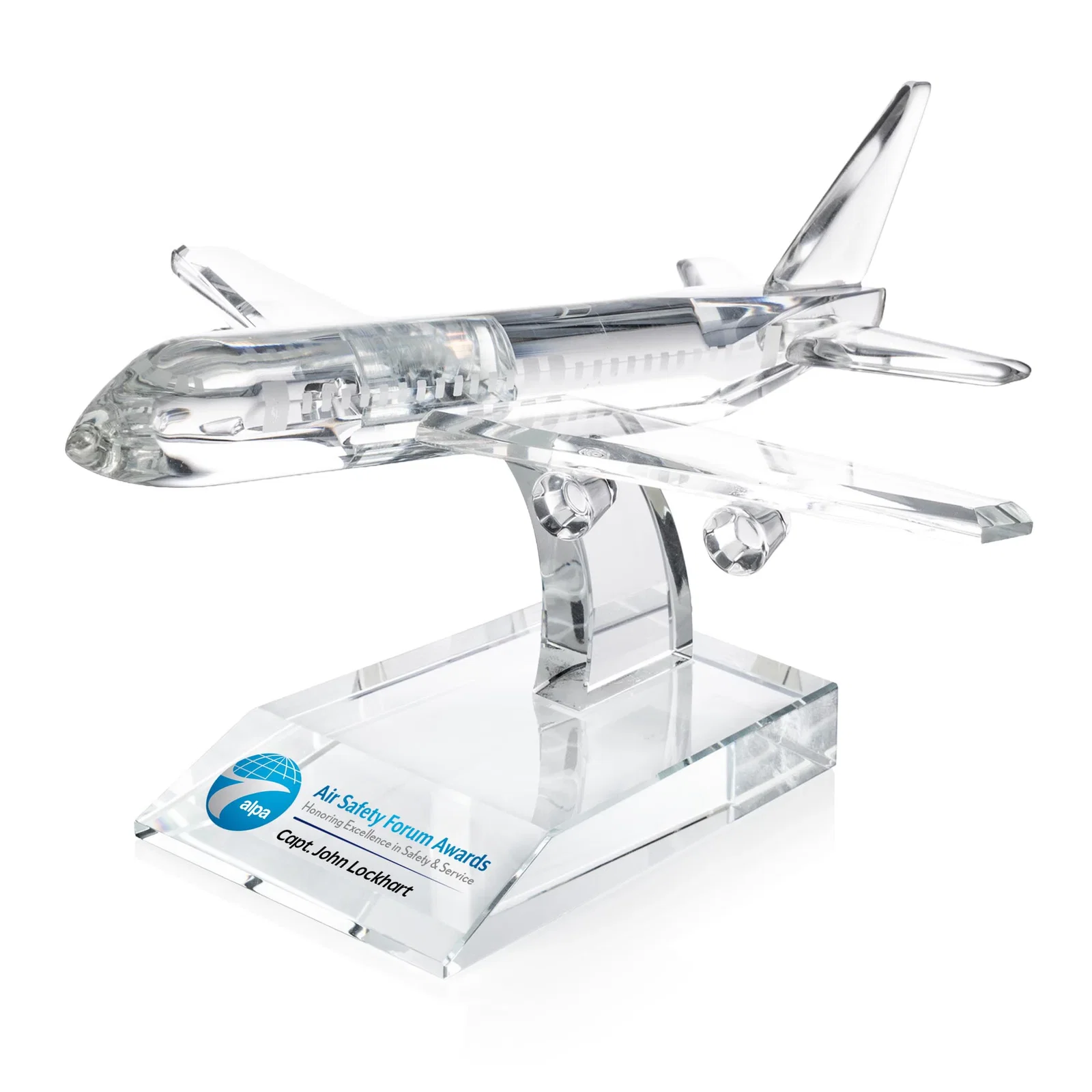 Custom Optical Crystal Airplane Award With a Cut Winged Silhouette for dealer and partner awards