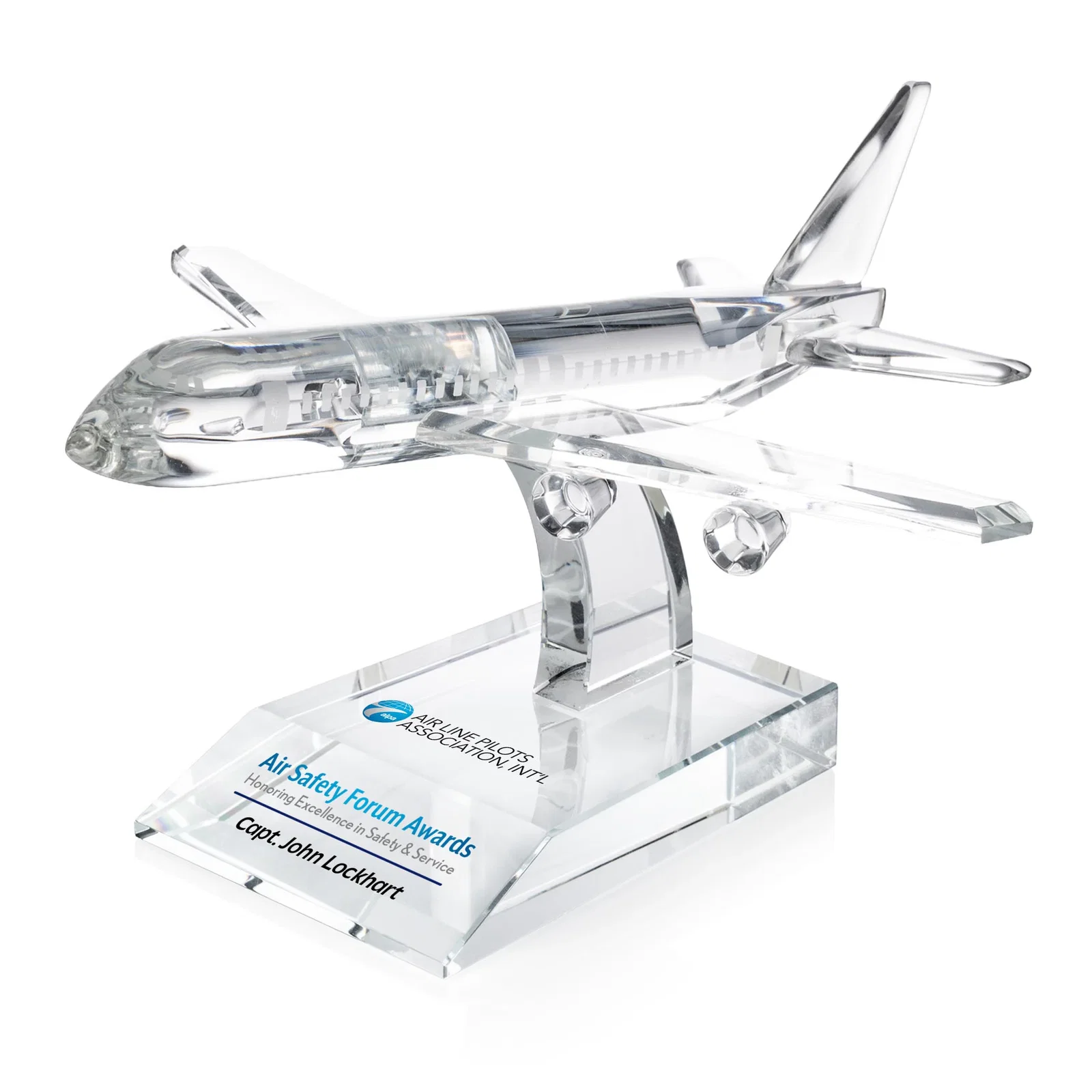 Personalized Optical Crystal Airplane Award With a Cut Winged Silhouette for employee recognition