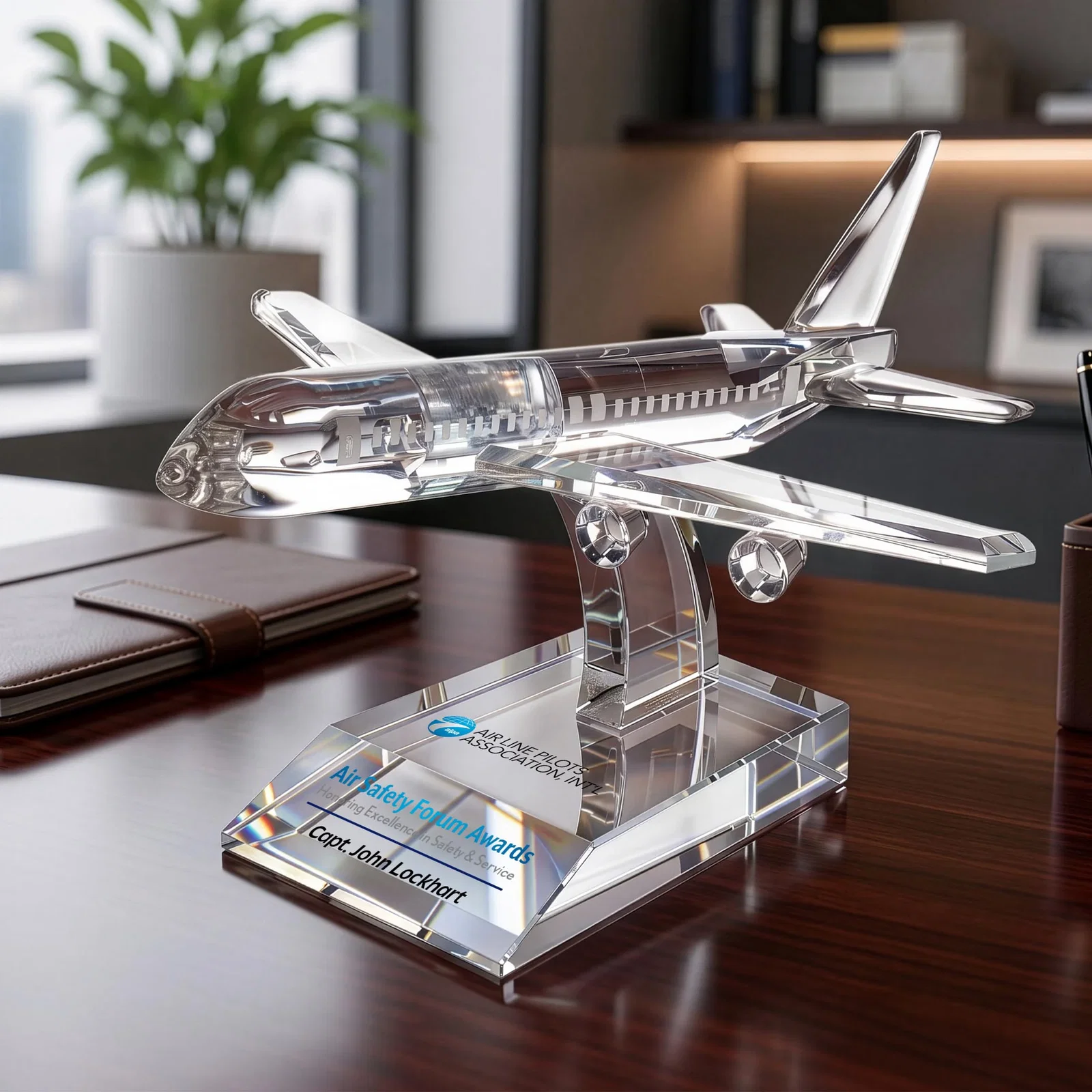 Personalized Optical Crystal Airplane Award With a Cut Winged Silhouette for service anniversary gifts