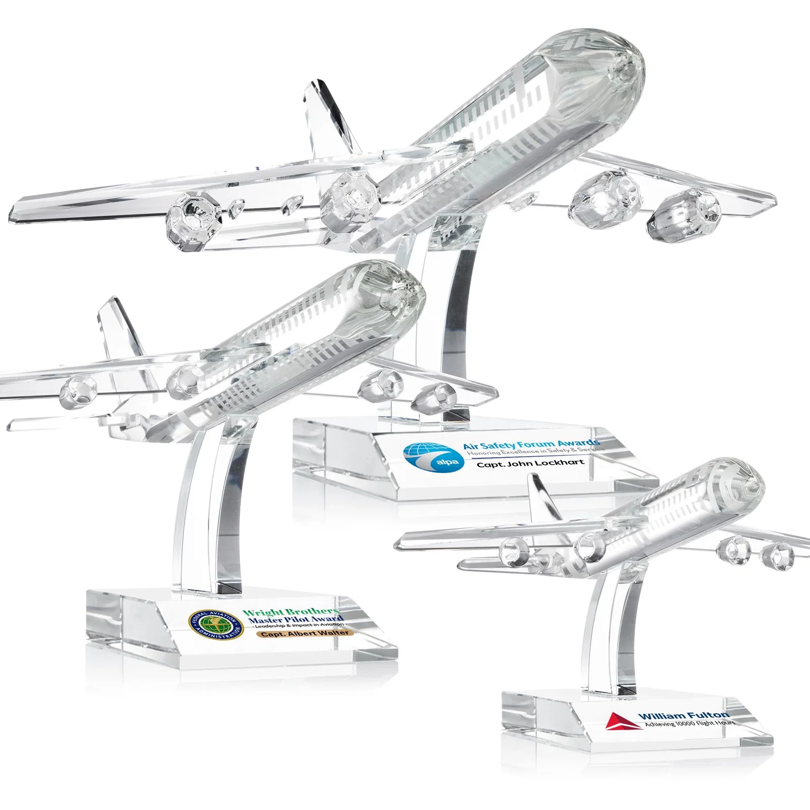 Custom Optical Crystal Airplane Award With a Cut Winged Silhouette for safety achievement programs