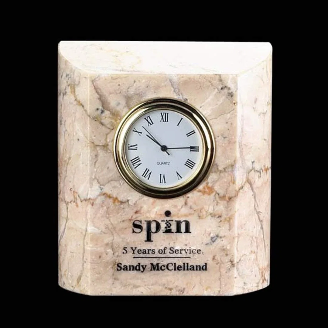Custom Genuine Botticino Marble Desk Clock for employee recognition
