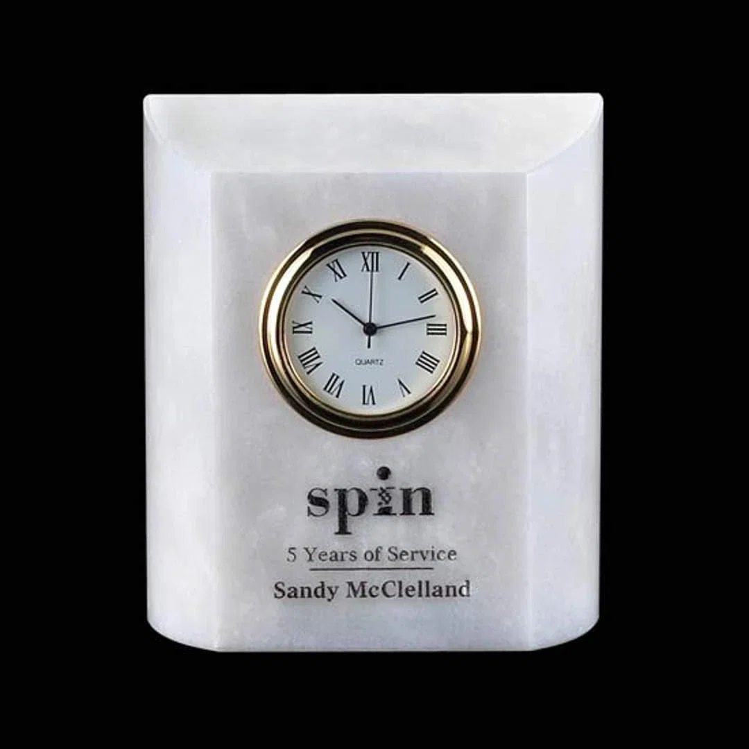 Custom White Marble Desk Clock for employee recognition