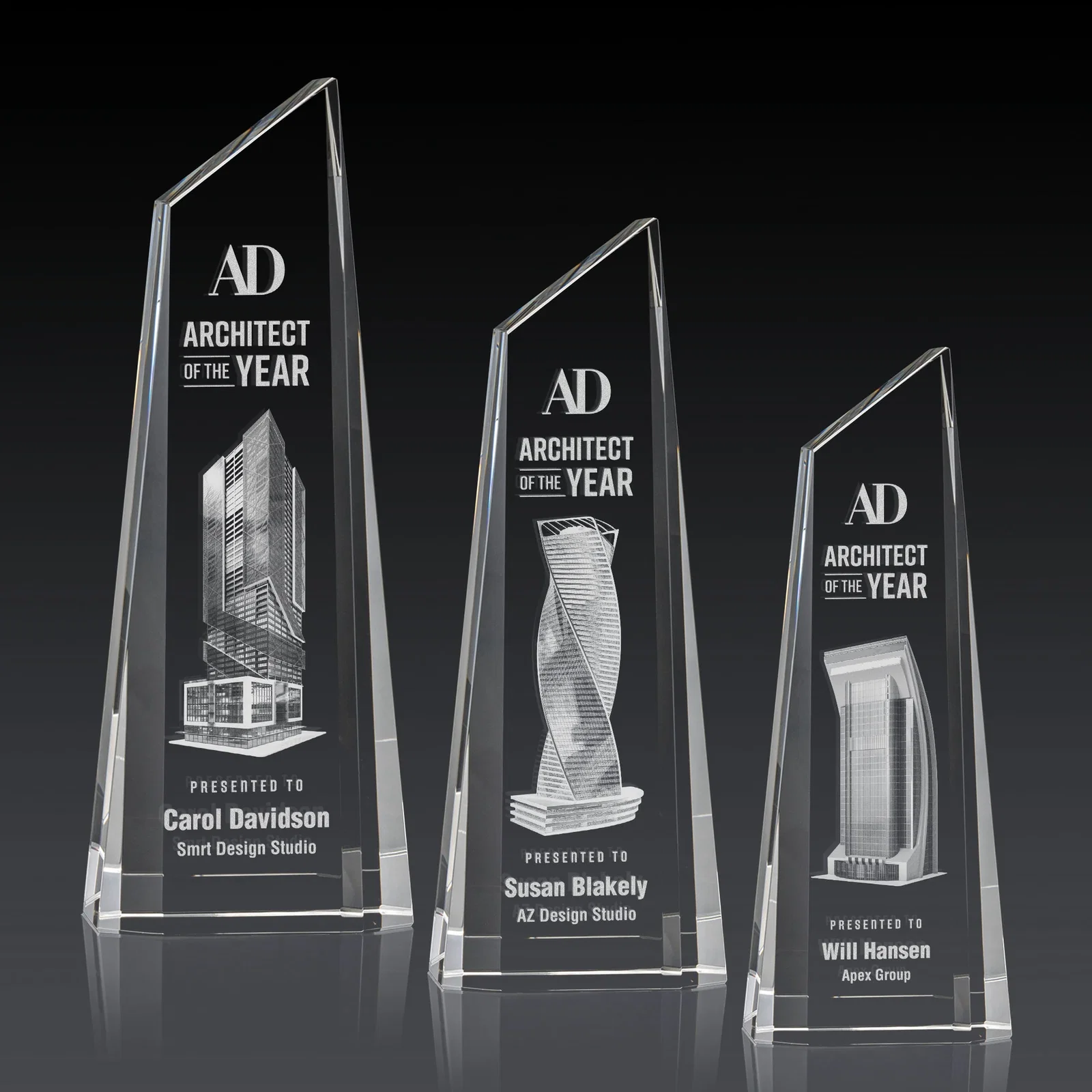 Custom Optical Crystal Trapezoidal Tower Award Tapering to a Peak for dealer and partner awards