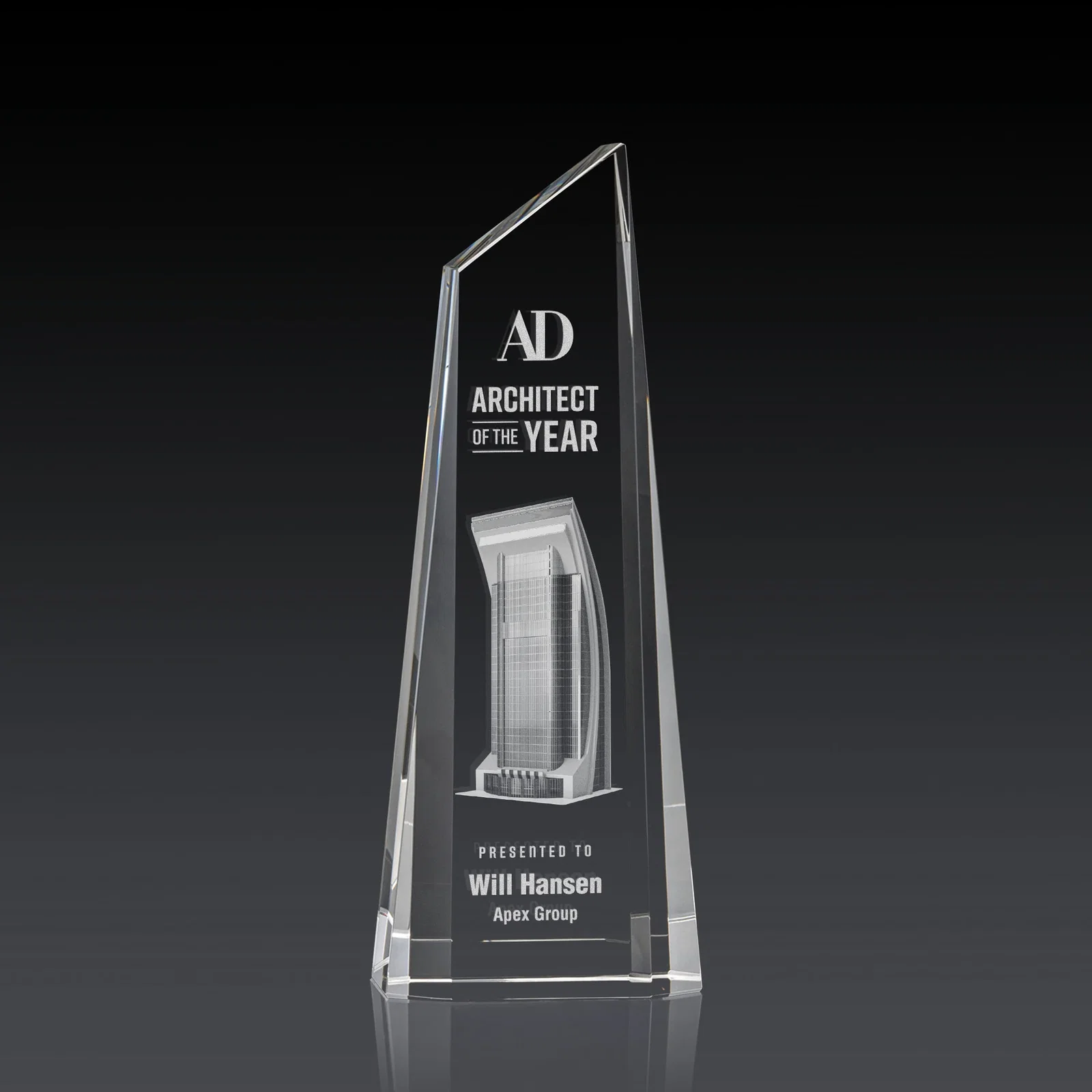 Custom Optical Crystal Trapezoidal Tower Award Tapering to a Peak for company anniversary events
