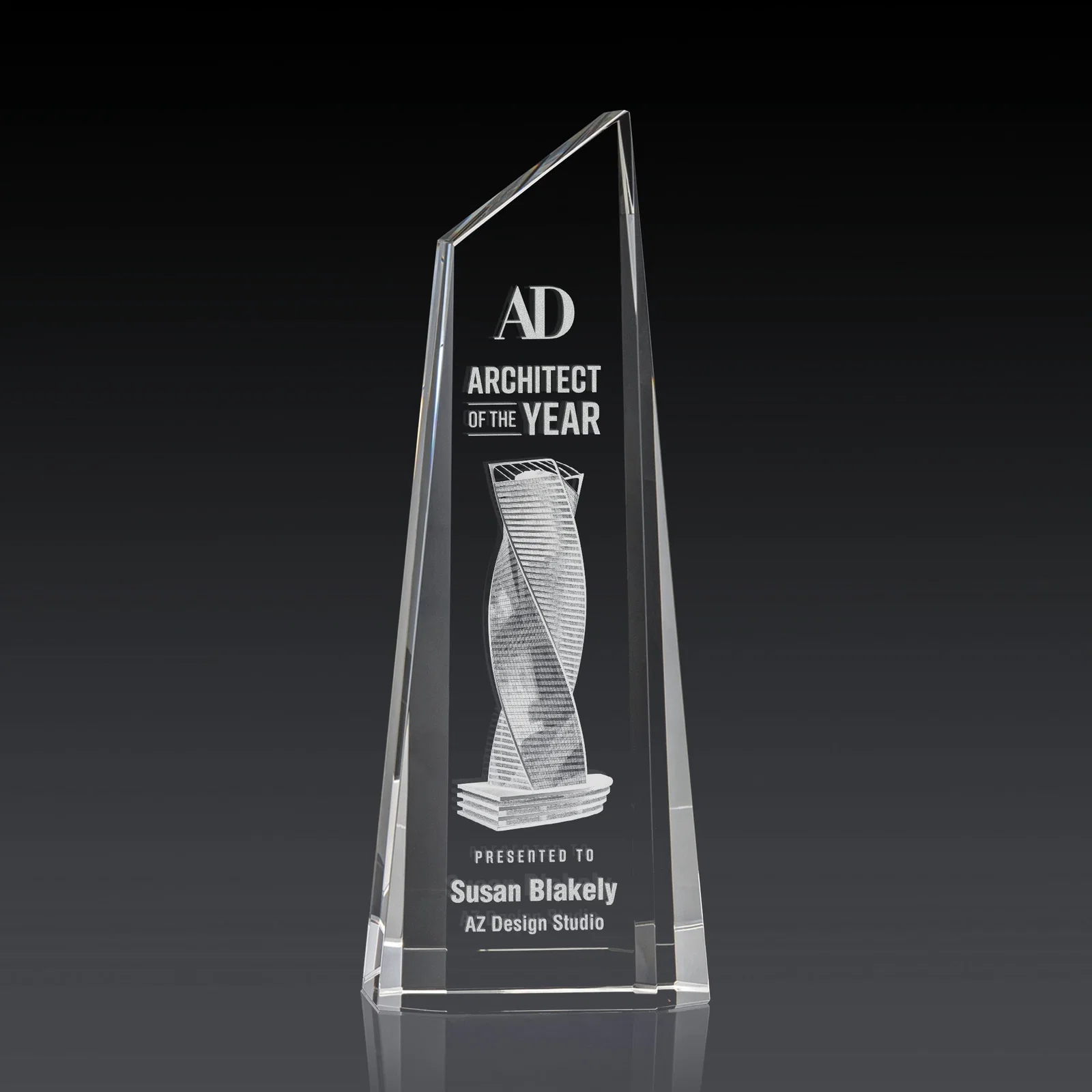 Personalized Optical Crystal Trapezoidal Tower Award Tapering to a Peak for employee recognition