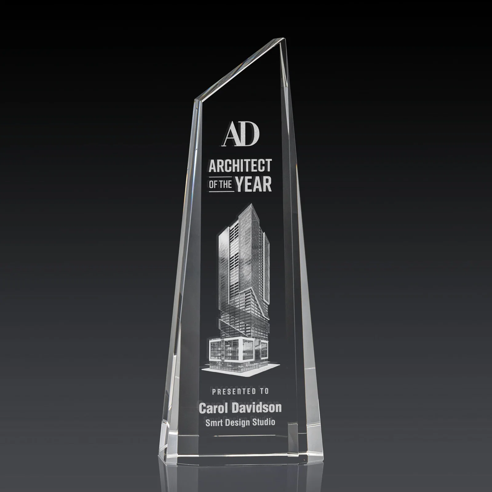 Personalized Optical Crystal Trapezoidal Tower Award Tapering to a Peak for corporate award ceremonies