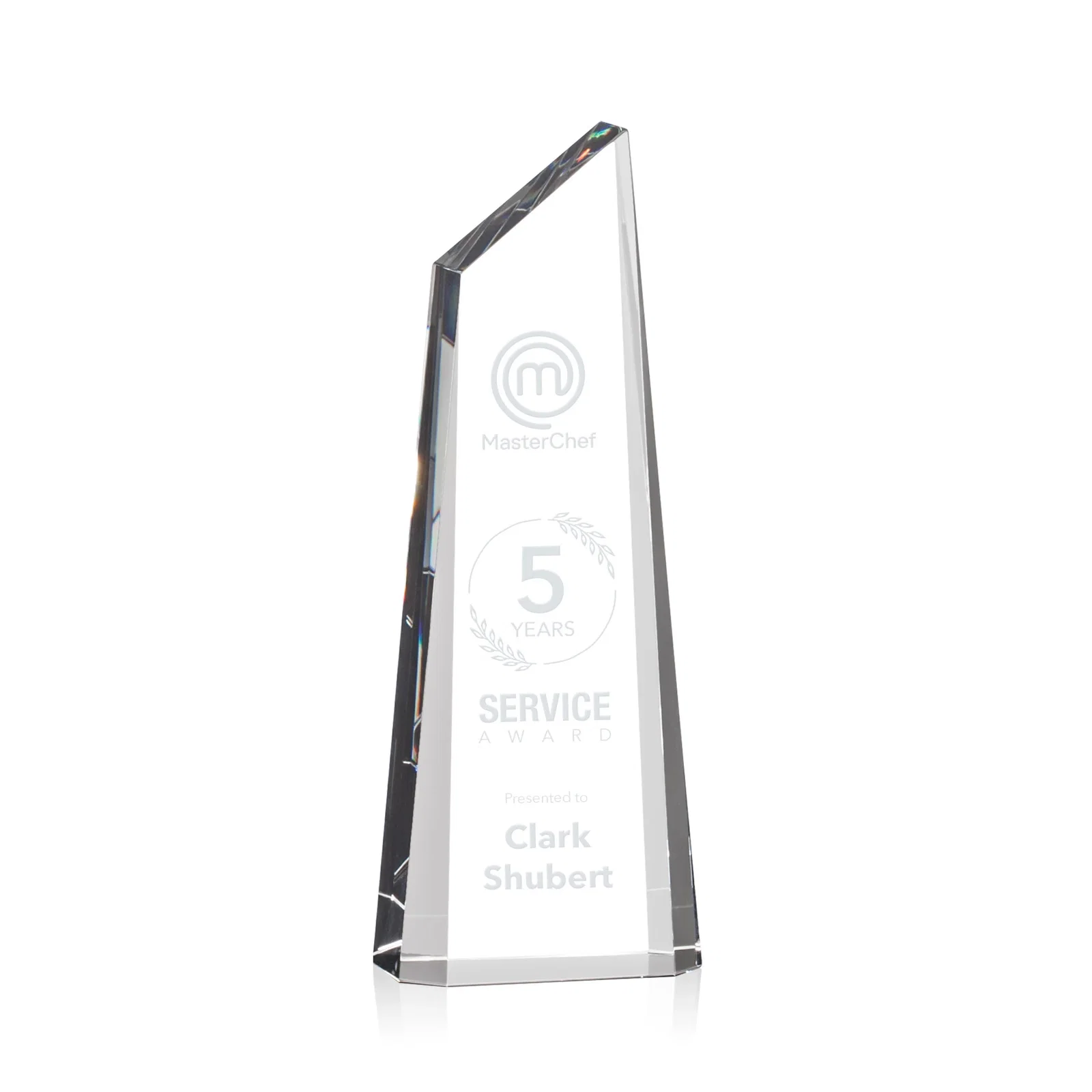 Custom Optical Crystal Trapezoidal Tower Award Tapering to a Peak for corporate award ceremonies