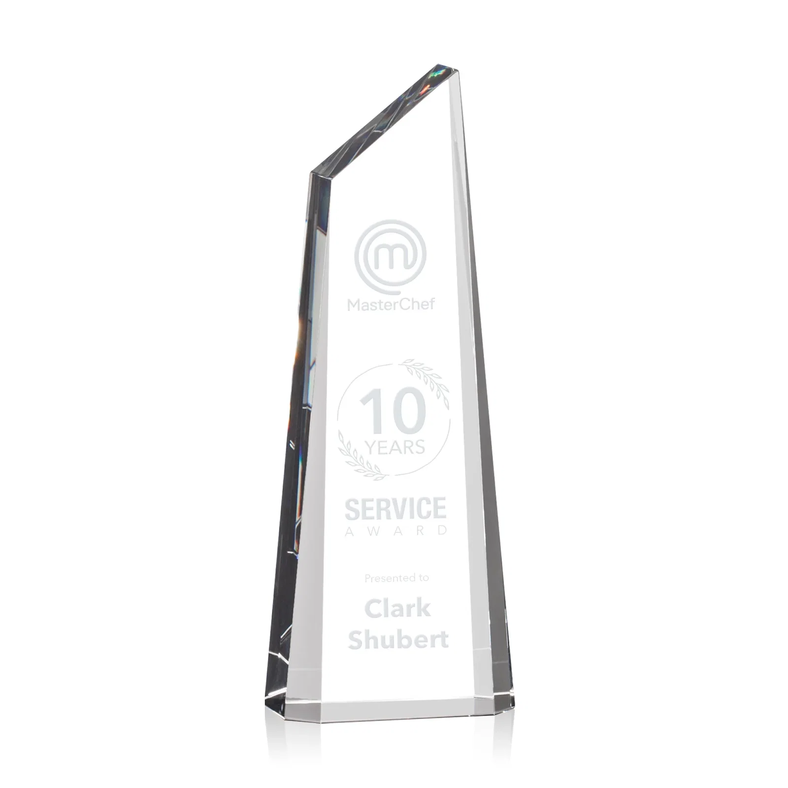 Custom Optical Crystal Trapezoidal Tower Award Tapering to a Peak for service anniversary gifts