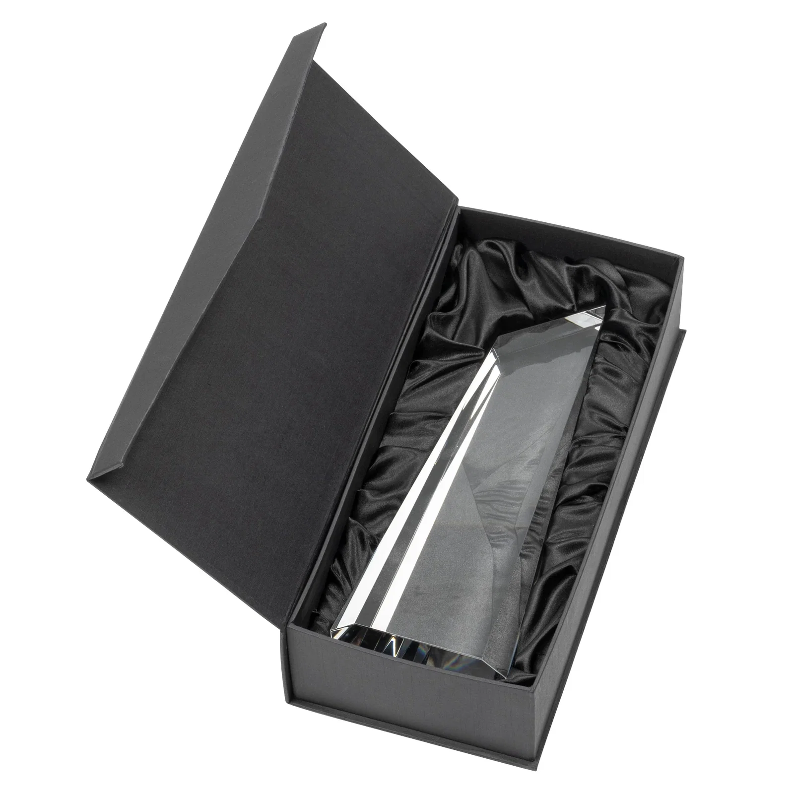 Custom Optical Crystal Trapezoidal Tower Award Tapering to a Peak for retirement presentations
