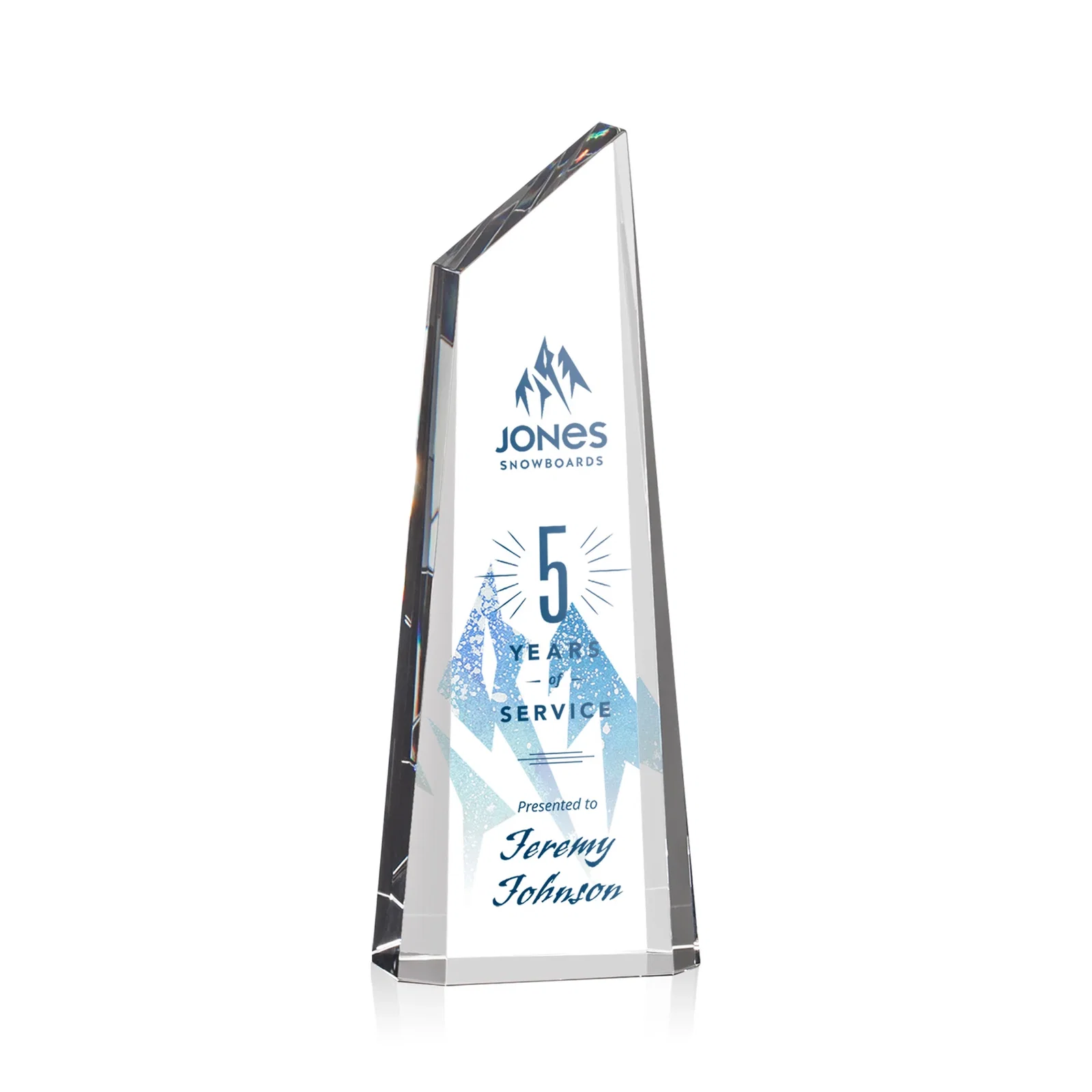 Custom Optical Crystal Trapezoidal Tower Award Tapering to a Peak for donor appreciation