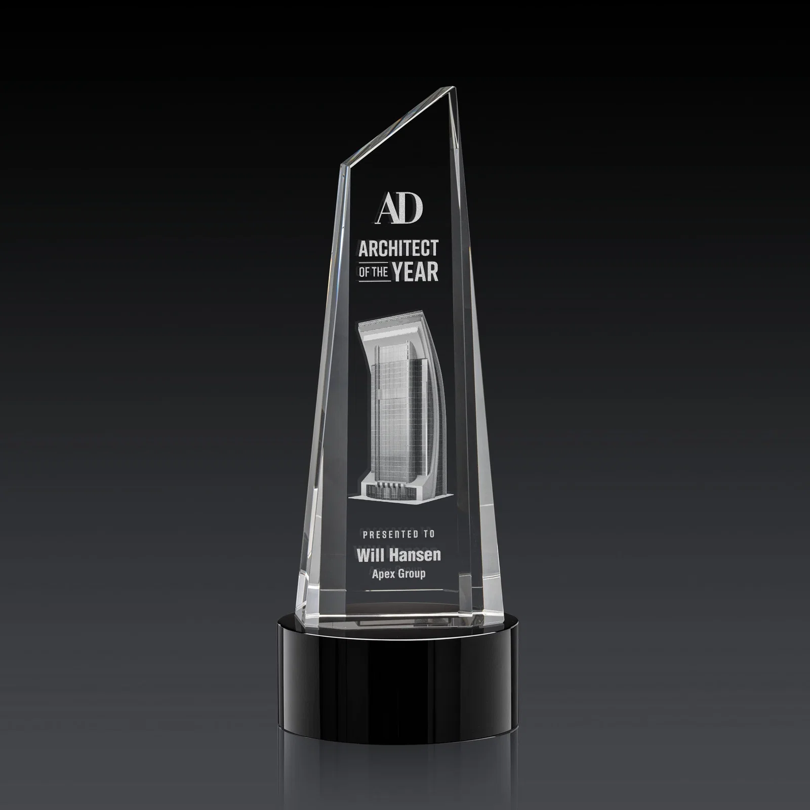 Custom Optical Crystal Trapezoidal Tower Award with 3D Subsurface Engraving for volunteer appreciation