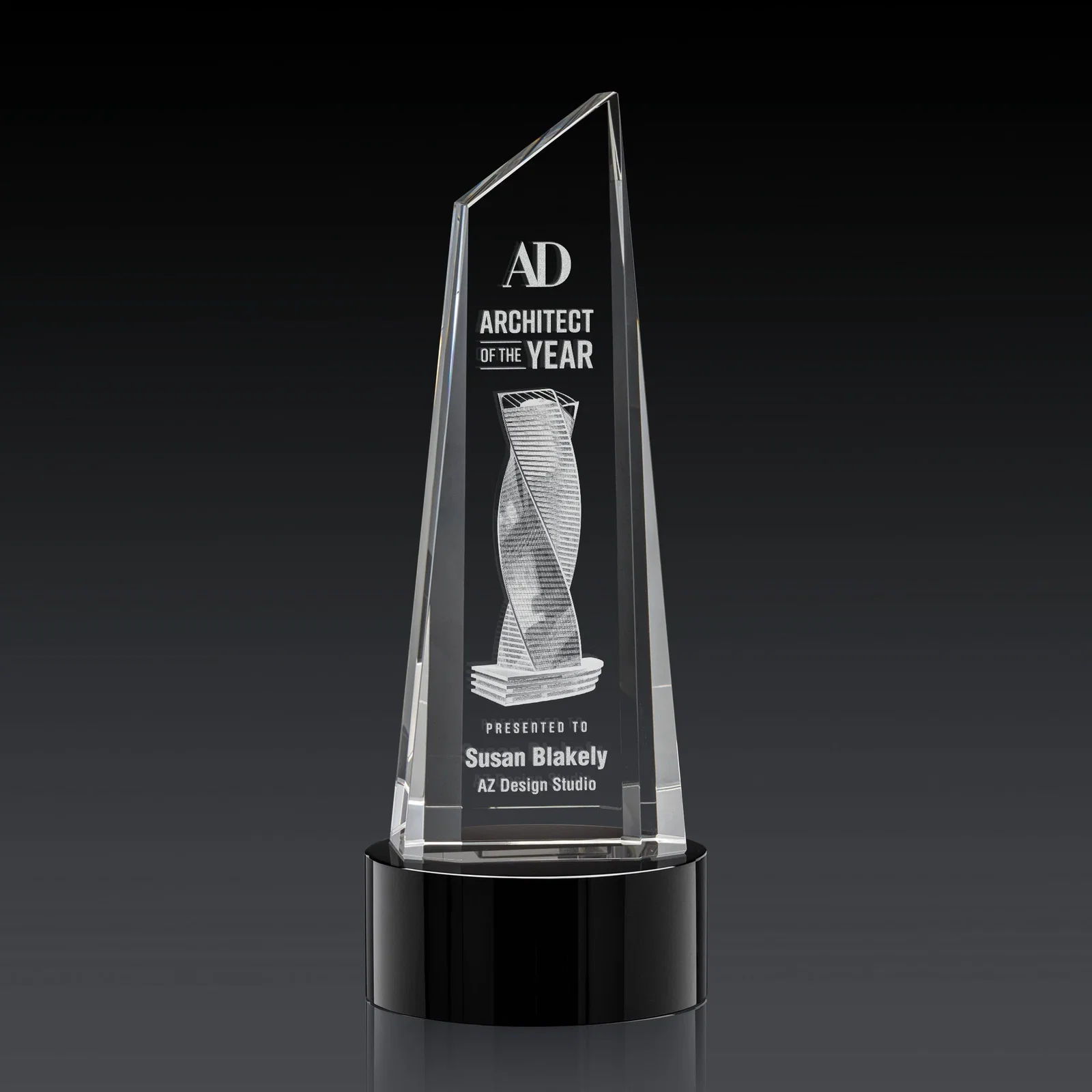Custom Optical Crystal Trapezoidal Tower Award with 3D Subsurface Engraving for dealer and partner awards