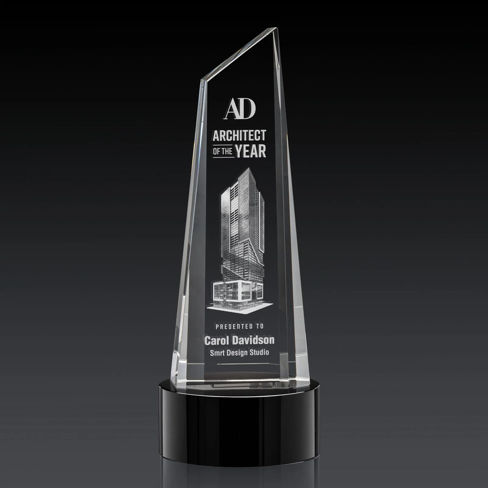 Custom Optical Crystal Trapezoidal Tower Award with 3D Subsurface Engraving for company anniversary events
