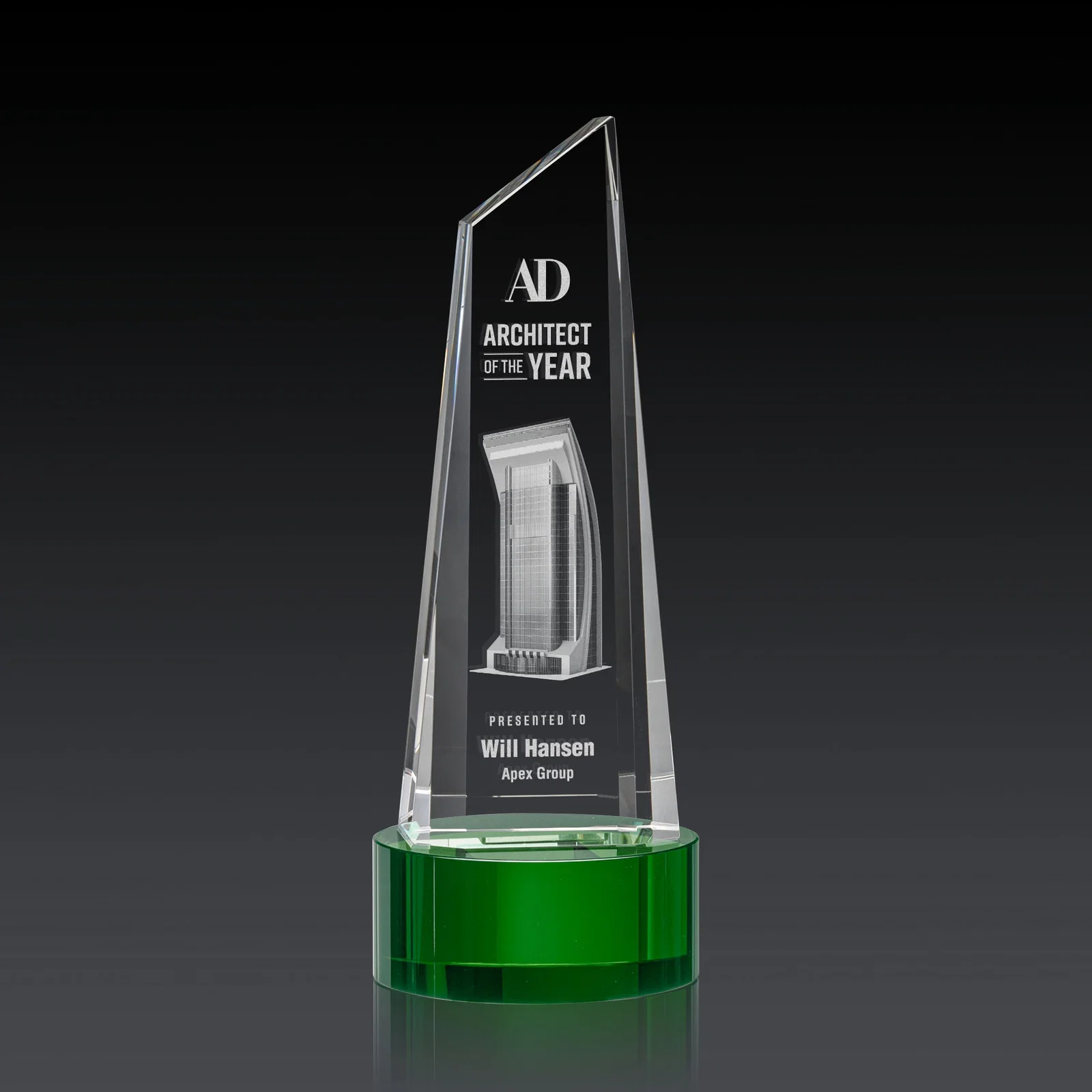 Custom Optical Crystal Trapezoidal Tower Award with 3D Subsurface Engraving for corporate award ceremonies