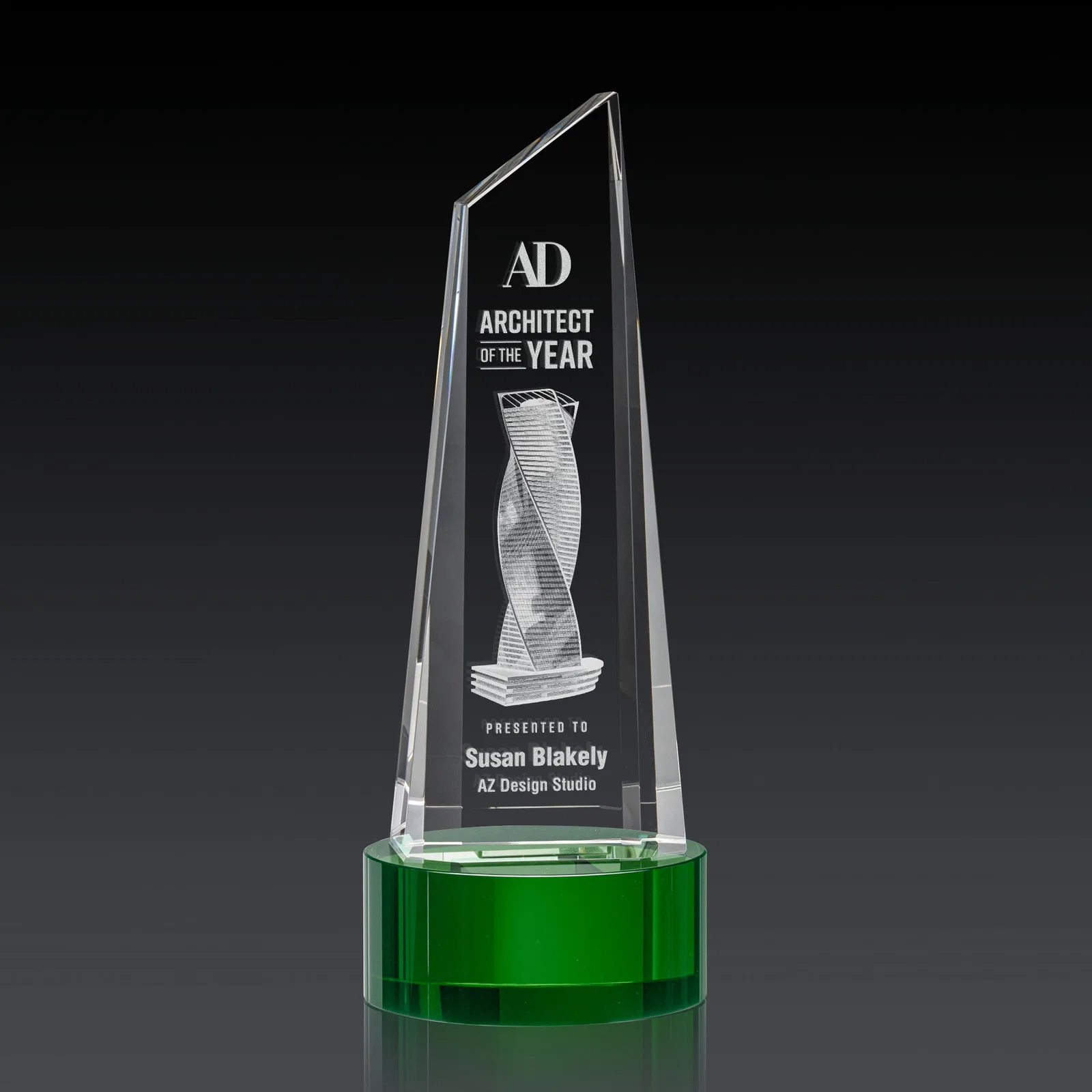 Custom Optical Crystal Trapezoidal Tower Award with 3D Subsurface Engraving for service anniversary gifts