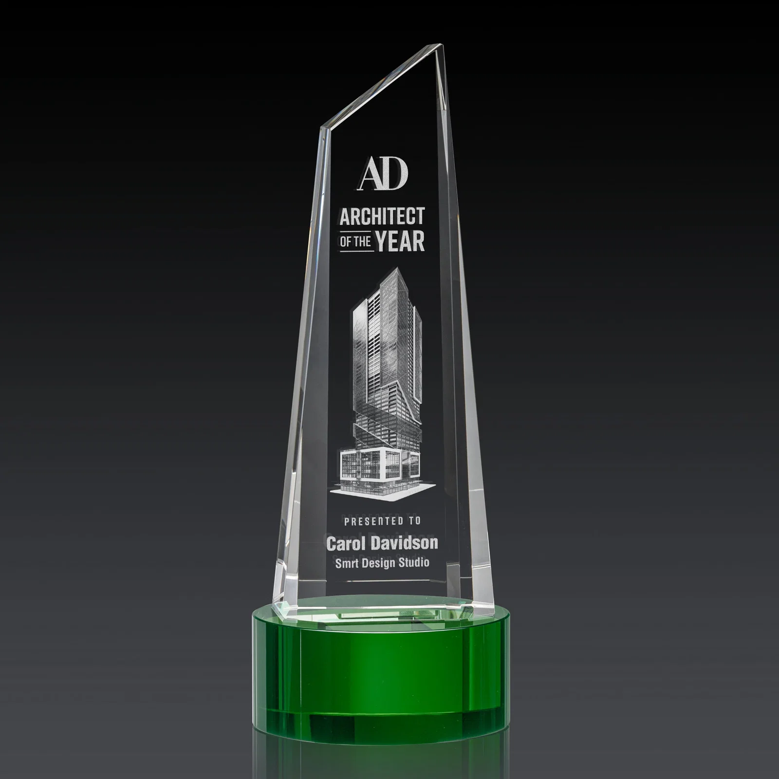 Custom Optical Crystal Trapezoidal Tower Award with 3D Subsurface Engraving for sales achievement awards