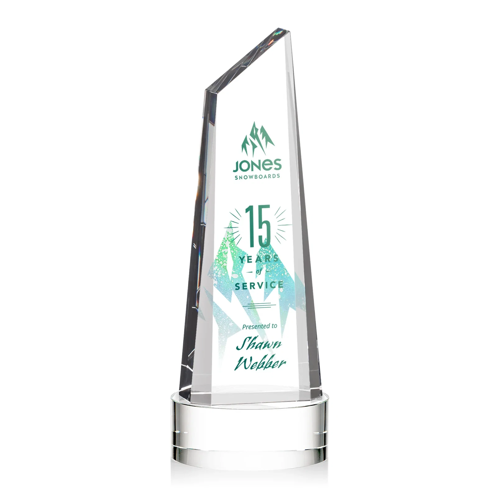 Branded Optical Crystal Trapezoidal Tower Award with 3D Subsurface Engraving for employee recognition