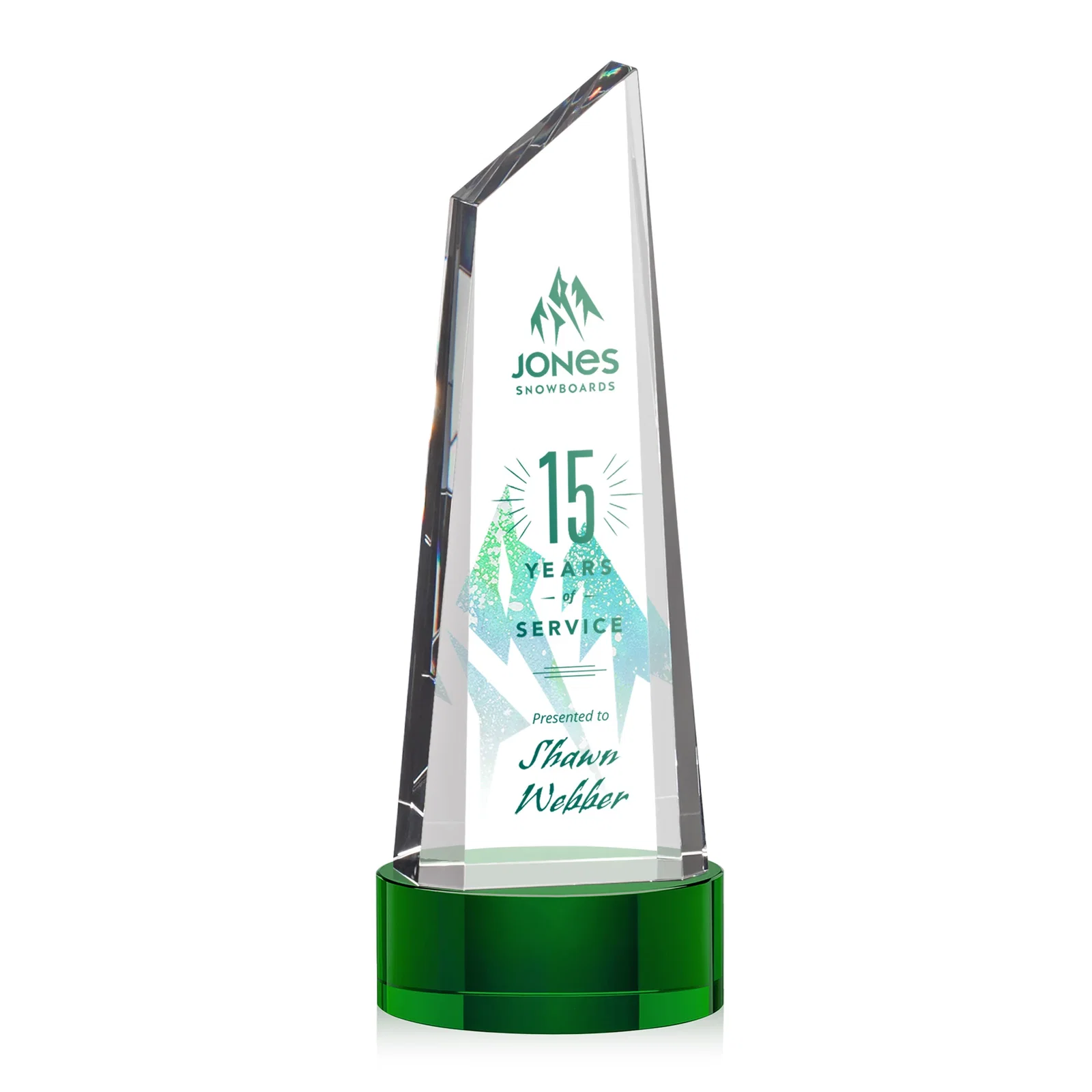 Branded Optical Crystal Trapezoidal Tower Award with 3D Subsurface Engraving for retirement presentations